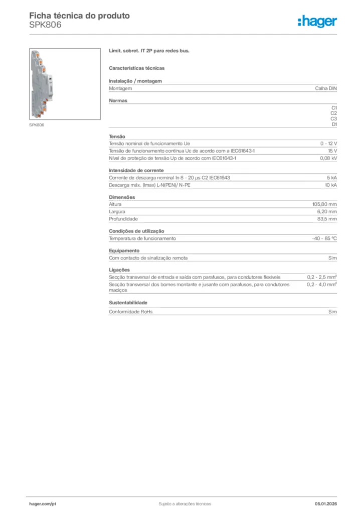 Imagem Hager Ficha técnica do produto SPK806 | Hager Portugal