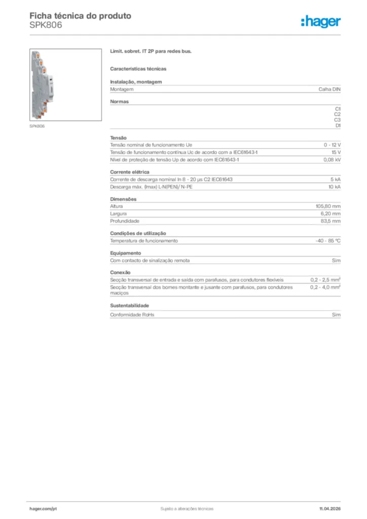 Imagem Hager Ficha técnica do produto SPK806 | Hager Portugal