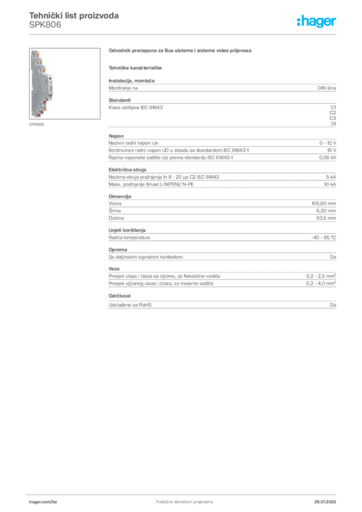 Slika Hager Product data sheet SPK806  | Hager