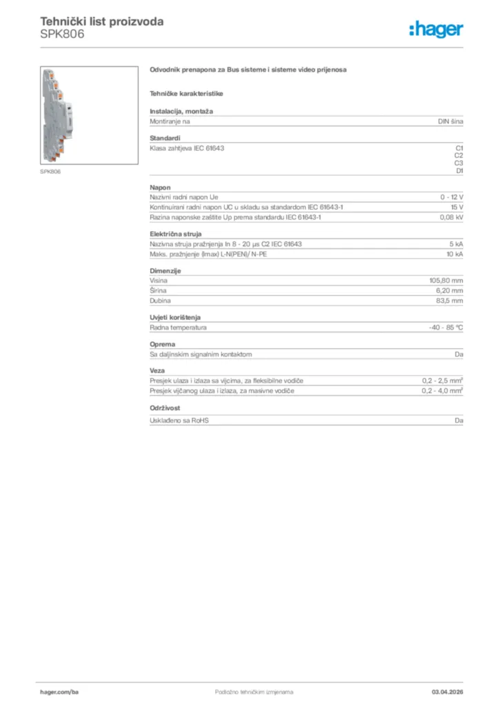 Slika Hager Tehnički list proizvoda SPK806  | Hager