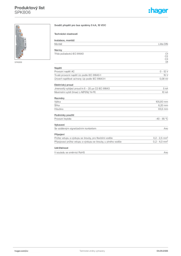 Obrázek Hager Product data sheet SPK806 | Hager