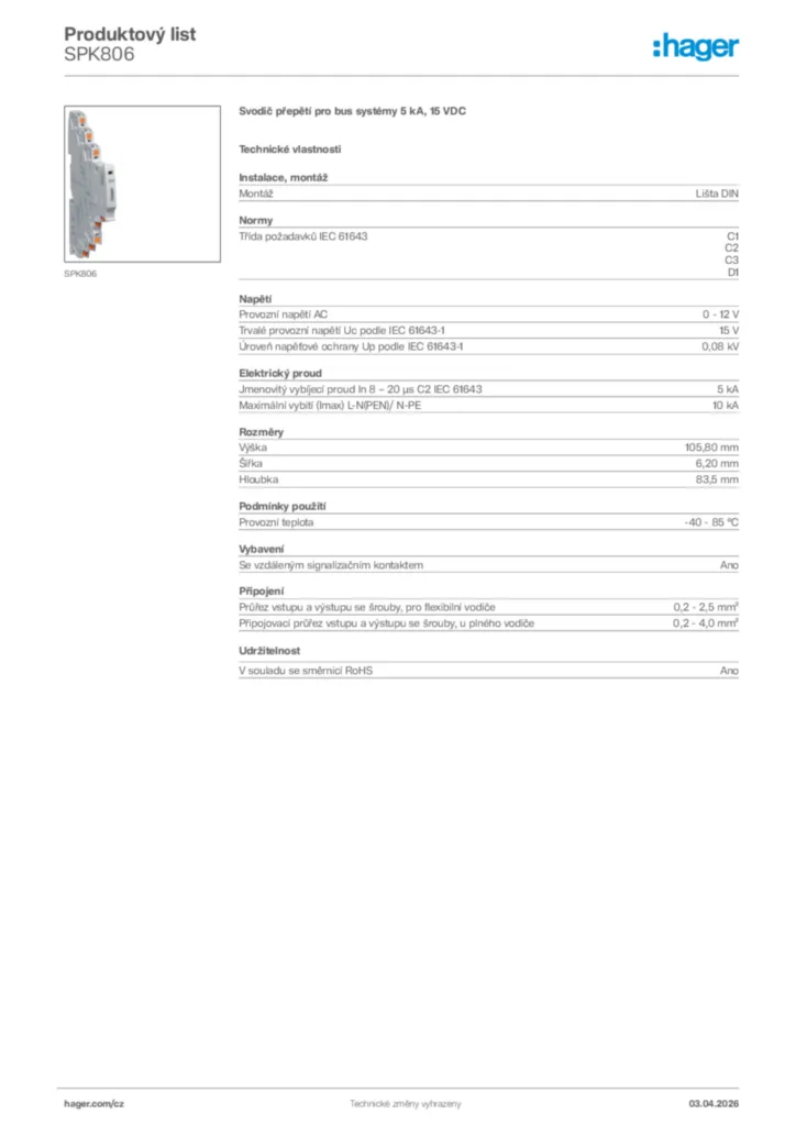 Obrázek Hager Product data sheet SPK806 | Hager