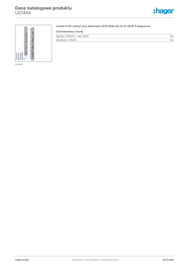 Zdjęcie Hager Dane katalogowe produktu UST444 | Hager Polska