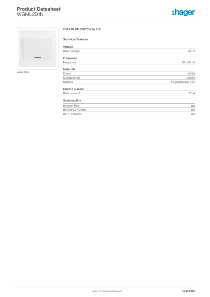 Image Hager Product data sheet WGML2D1N  | Hager Africa