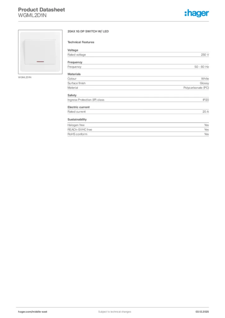 Image Hager Product data sheet WGML2D1N  | Hager