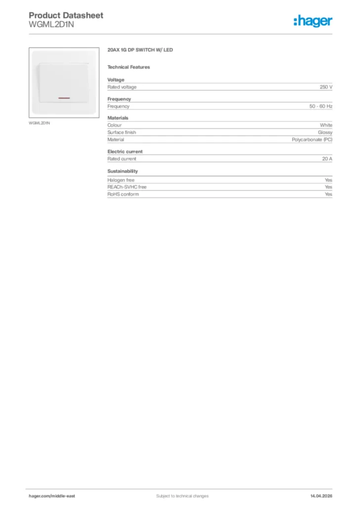 Image Hager Product data sheet WGML2D1N  | Hager