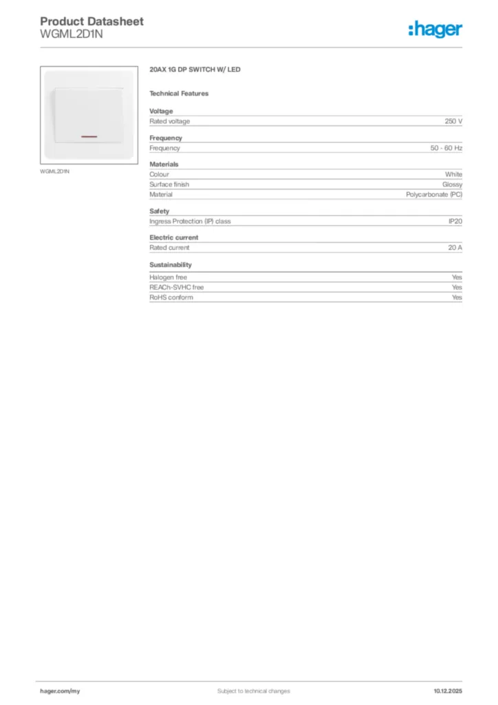 Image Hager Product data sheet WGML2D1N  | Hager