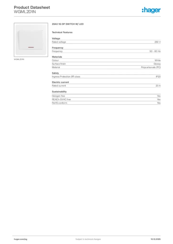 Image Hager Product data sheet WGML2D1N  | Hager