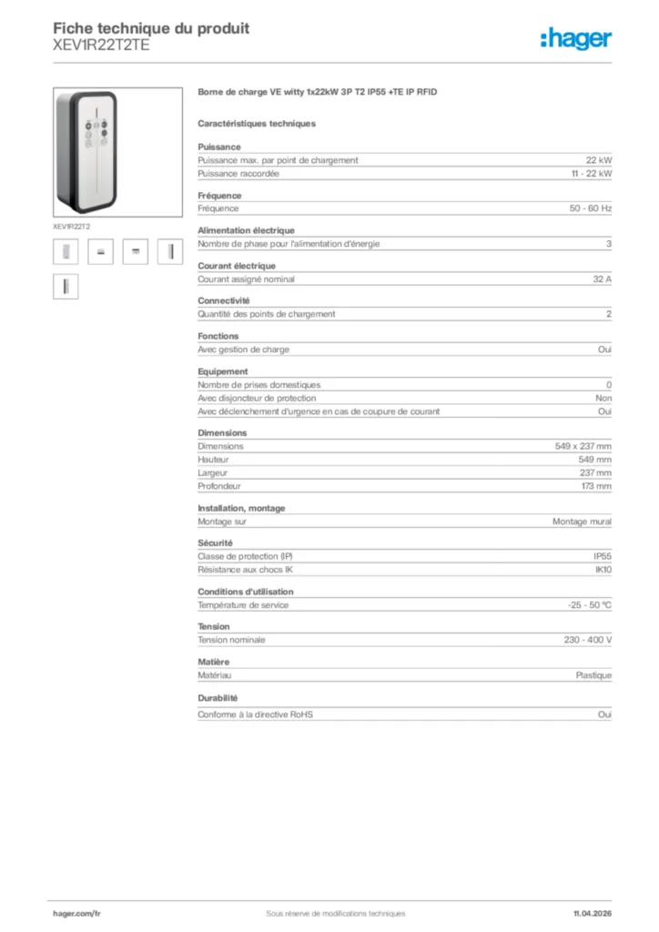Image Hager Fiche technique du produit XEV1R22T2TE | Hager France