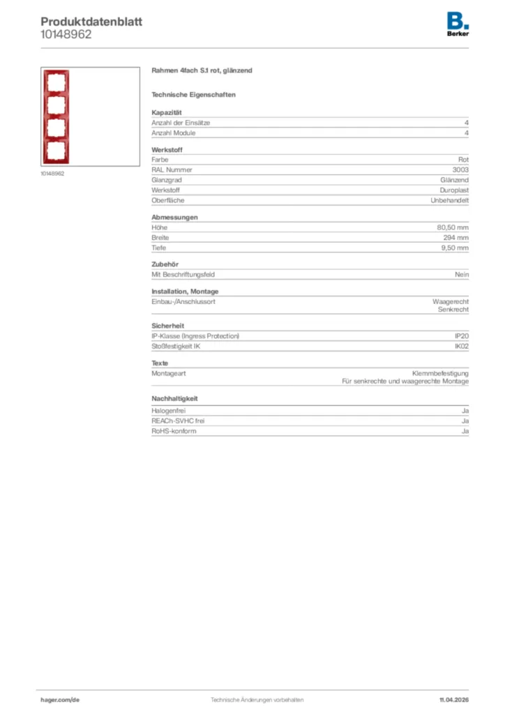 Bild Berker Produktdatenblatt 10148962 | Hager Deutschland