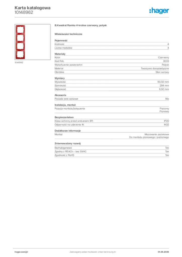 Zdjęcie Hager Karta katalogowa 10148962 | Hager Polska