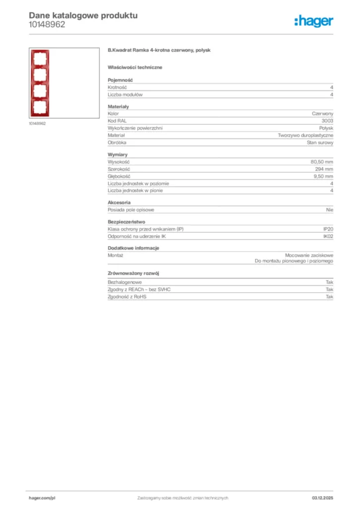 Zdjęcie Hager Dane katalogowe produktu 10148962 | Hager Polska