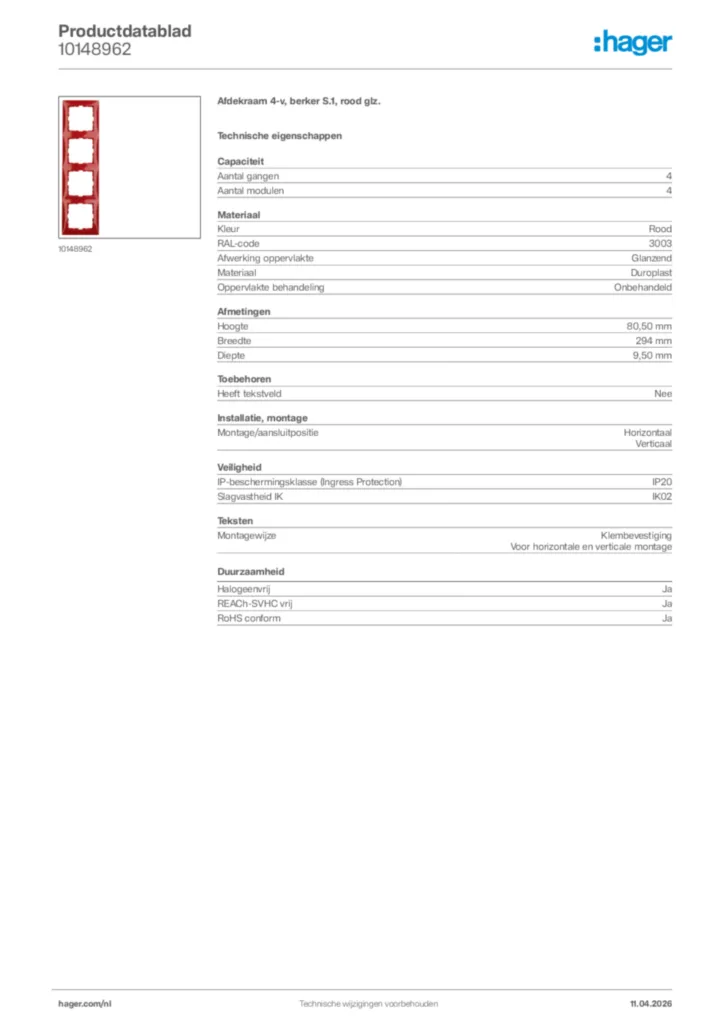 Afbeelding Hager Productdatablad 10148962 | Hager Nederland