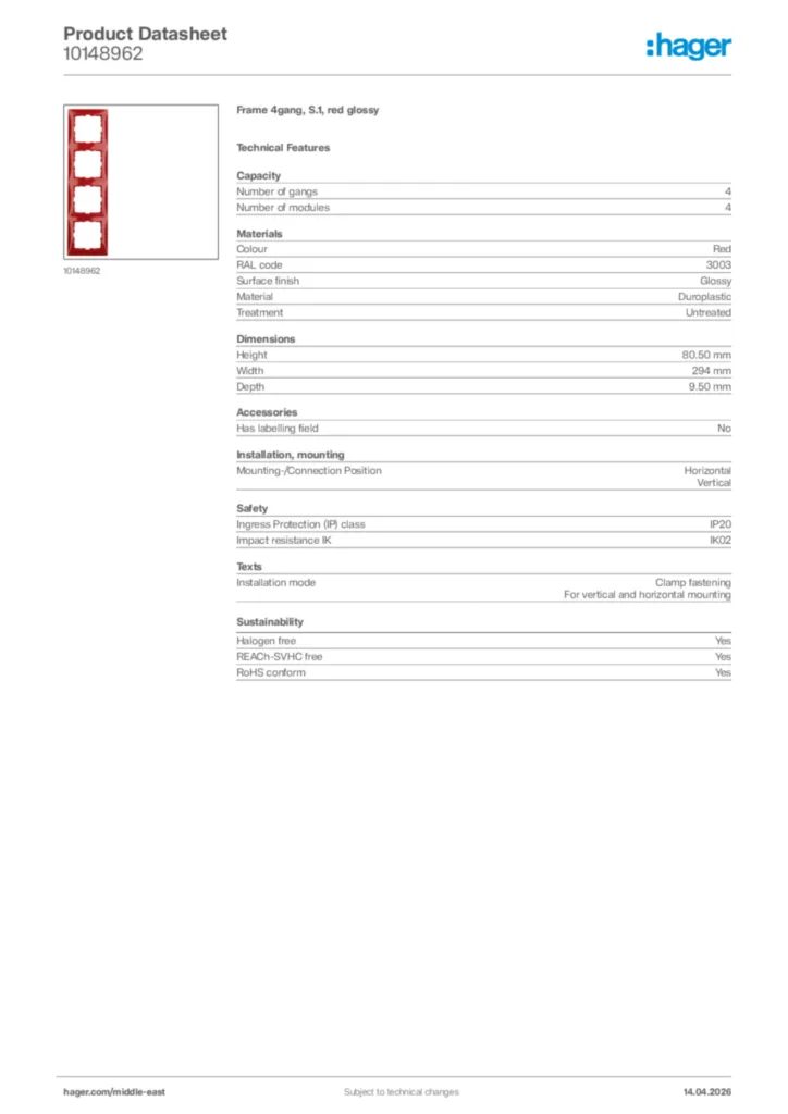 Image Hager Product data sheet 10148962  | Hager