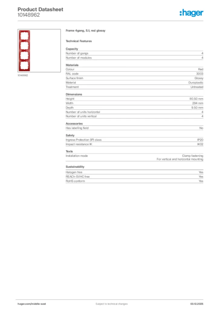 Image Hager Product data sheet 10148962  | Hager