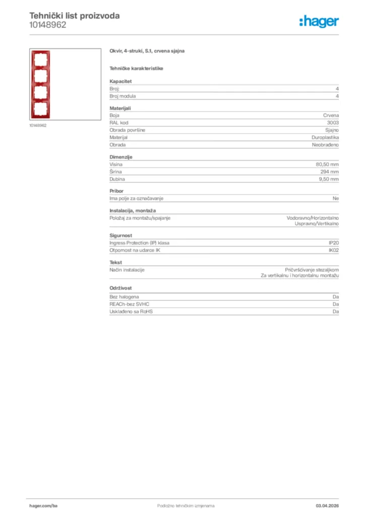 Slika Hager Tehnički list proizvoda 10148962  | Hager