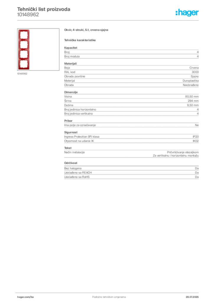 Slika Hager Product data sheet 10148962  | Hager