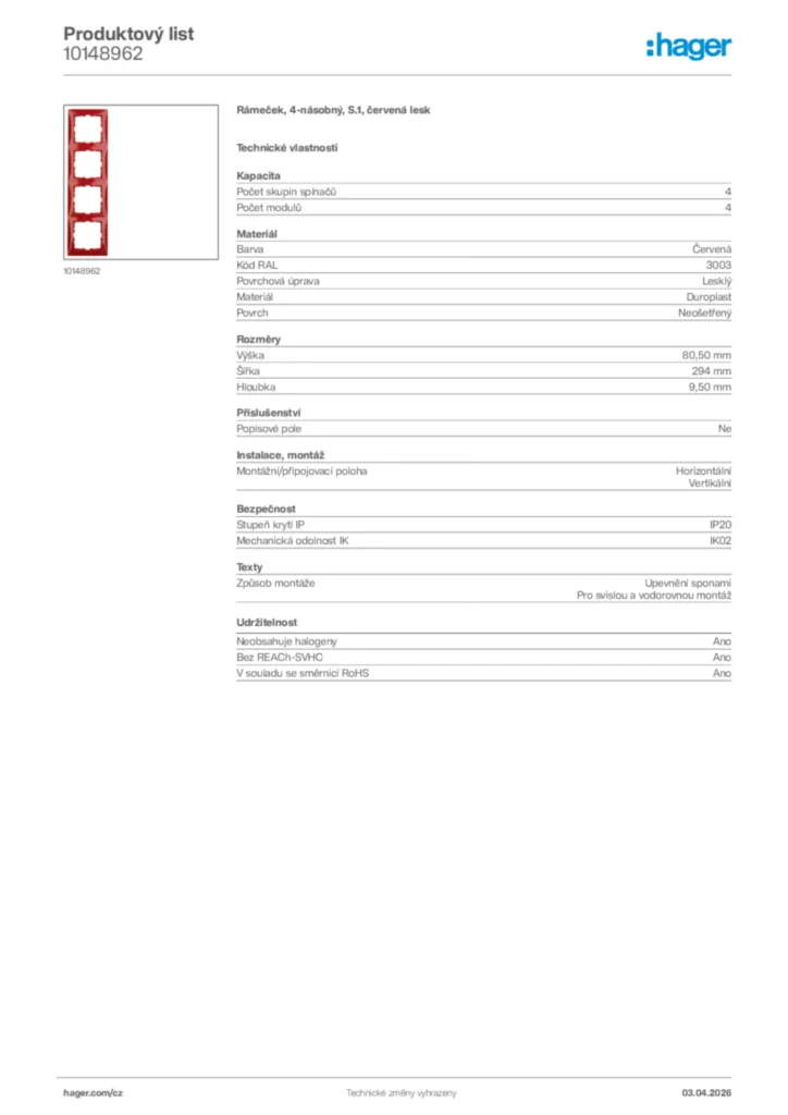 Obrázek Hager Product data sheet 10148962 | Hager