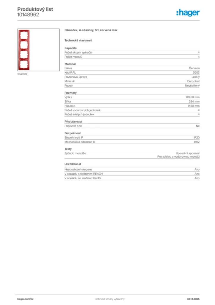 Obrázek Hager Product data sheet 10148962 | Hager