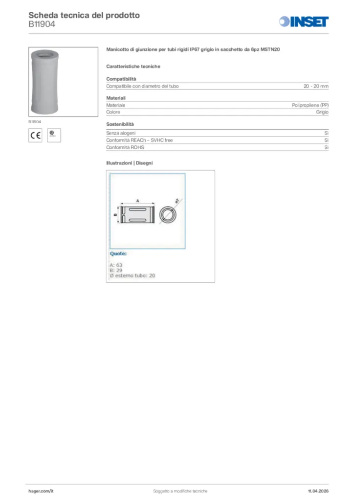 Immagine Inset Scheda tecnica del prodotto B11904 | Hager Italia
