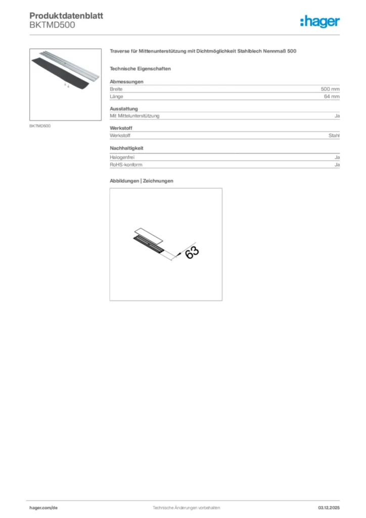 Bild Hager Produktdatenblatt BKTMD500 | Hager Deutschland