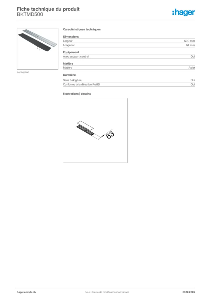 Image Hager Fiche technique du produit BKTMD500 | Hager Suisse