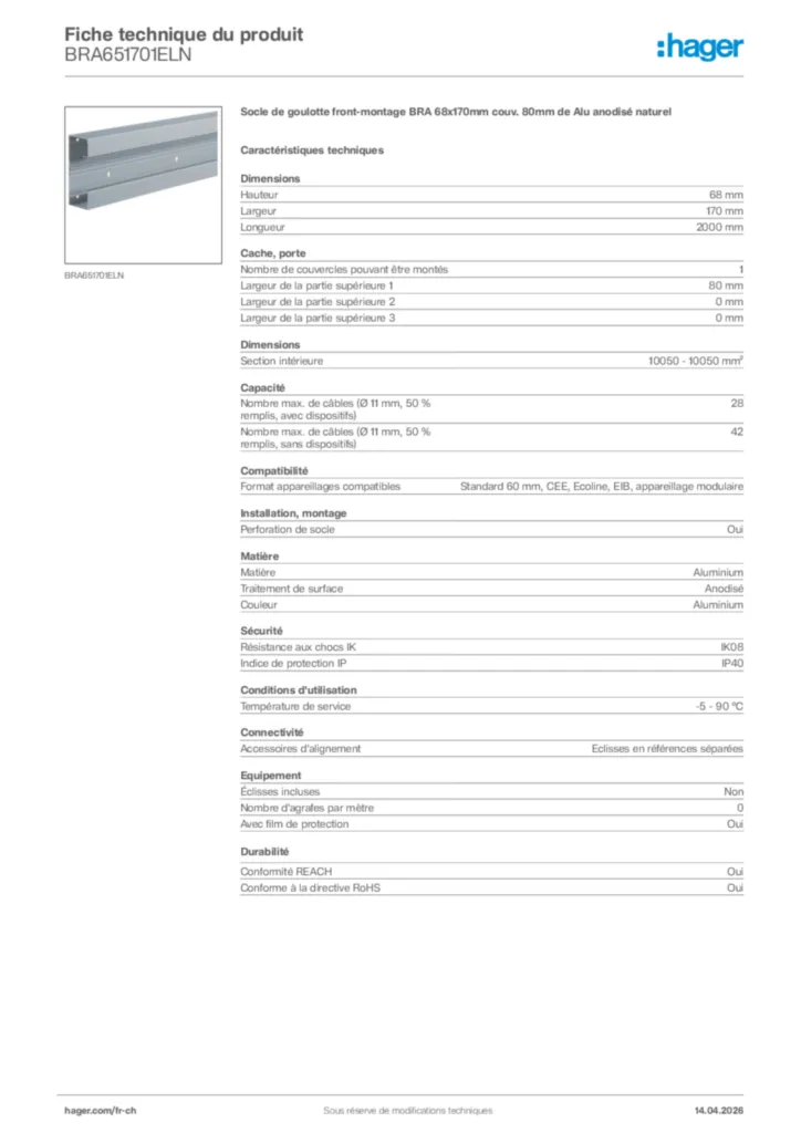 Image Hager Fiche technique du produit BRA651701ELN | Hager Suisse