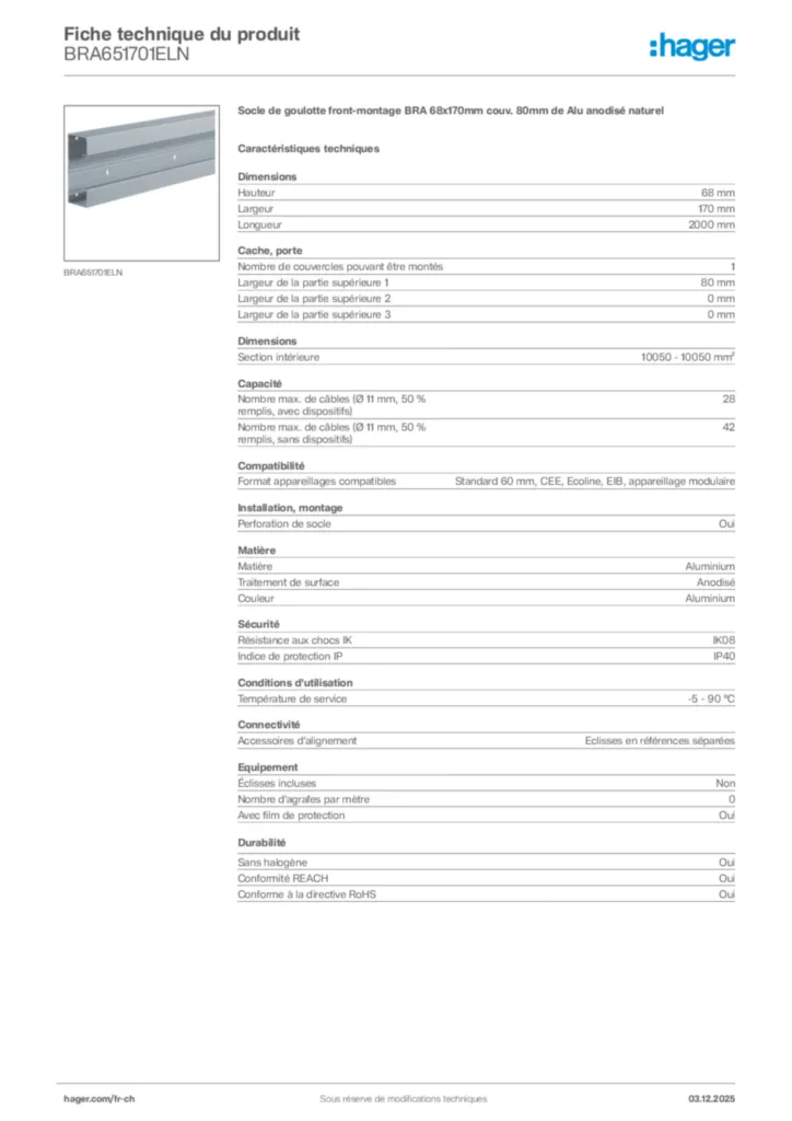Image Hager Fiche technique du produit BRA651701ELN | Hager Suisse