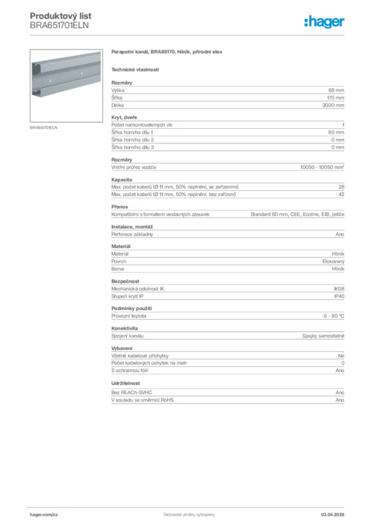 Obrázek Hager Product data sheet BRA651701ELN | Hager