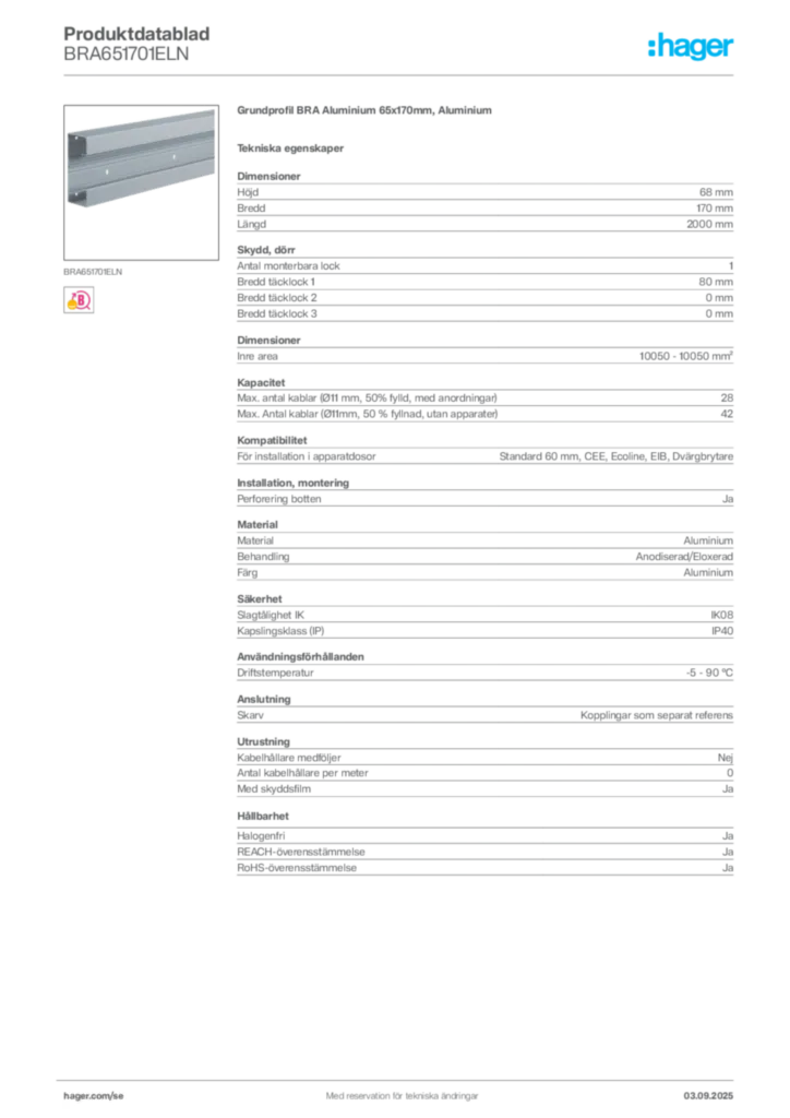Bild Hager Produktdatablad BRA651701ELN | Hager Sverige