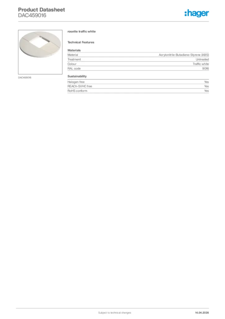 Image Hager Product data sheet DAC459016  | Hager Africa