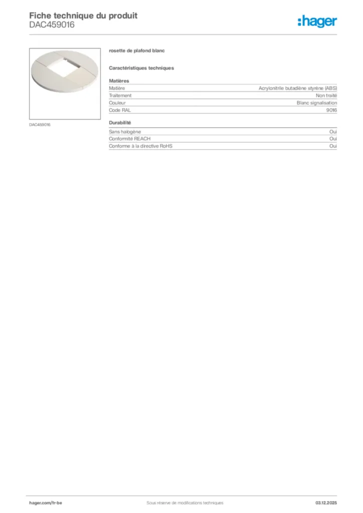 Image Hager Fiche technique du produit DAC459016 | Hager Belgique