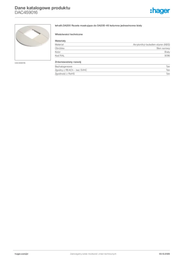 Zdjęcie Hager Dane katalogowe produktu DAC459016 | Hager Polska