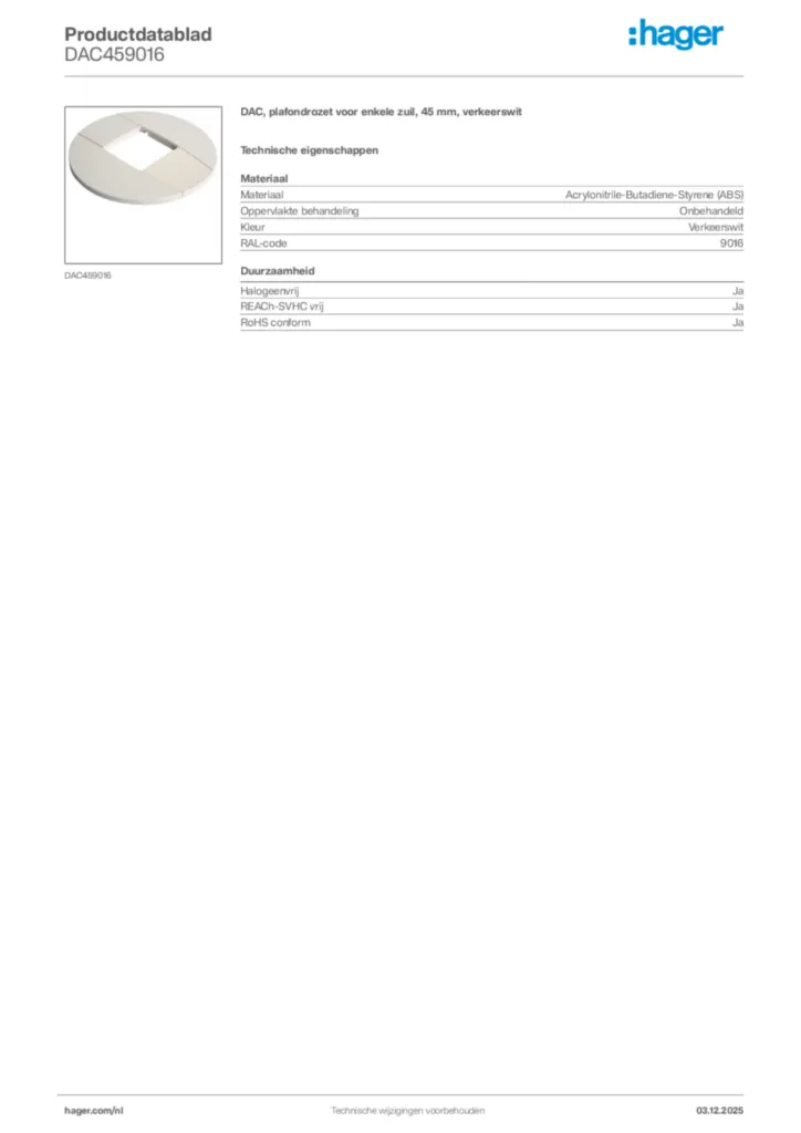 Afbeelding Hager Productdatablad DAC459016 | Hager Nederland