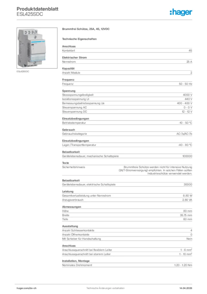Bild Hager Produktdatenblatt ESL425SDC | Hager Schweiz