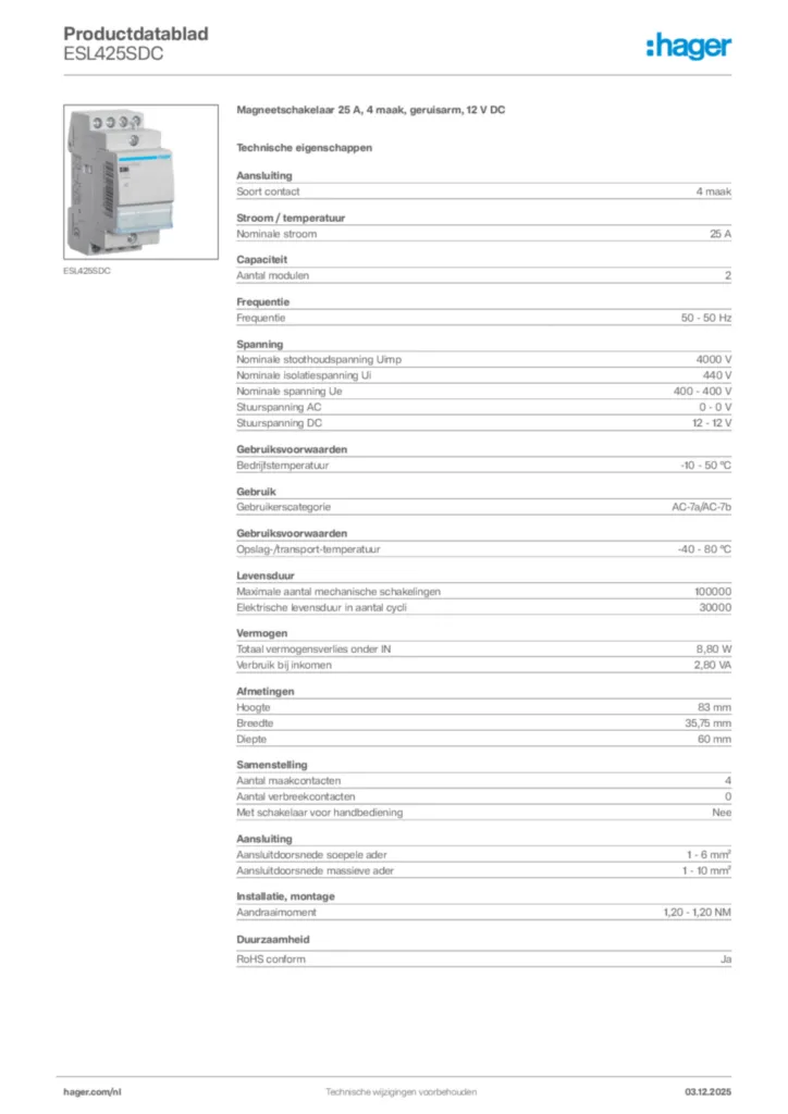 Afbeelding Hager Productdatablad ESL425SDC | Hager Nederland