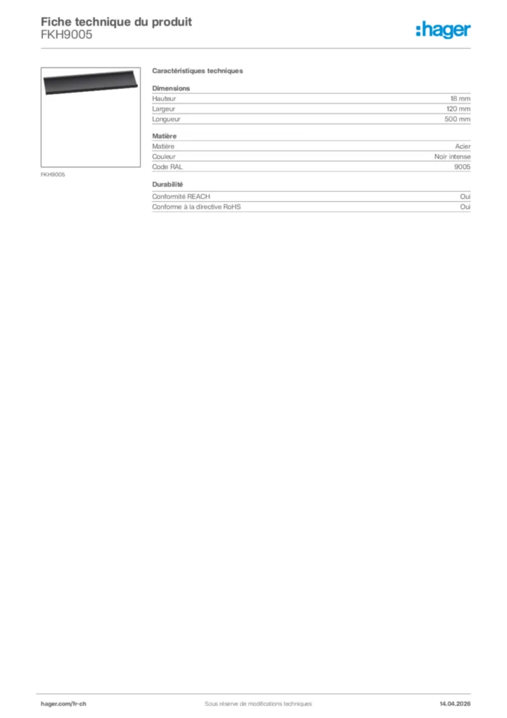 Image Hager Fiche technique du produit FKH9005 | Hager Suisse