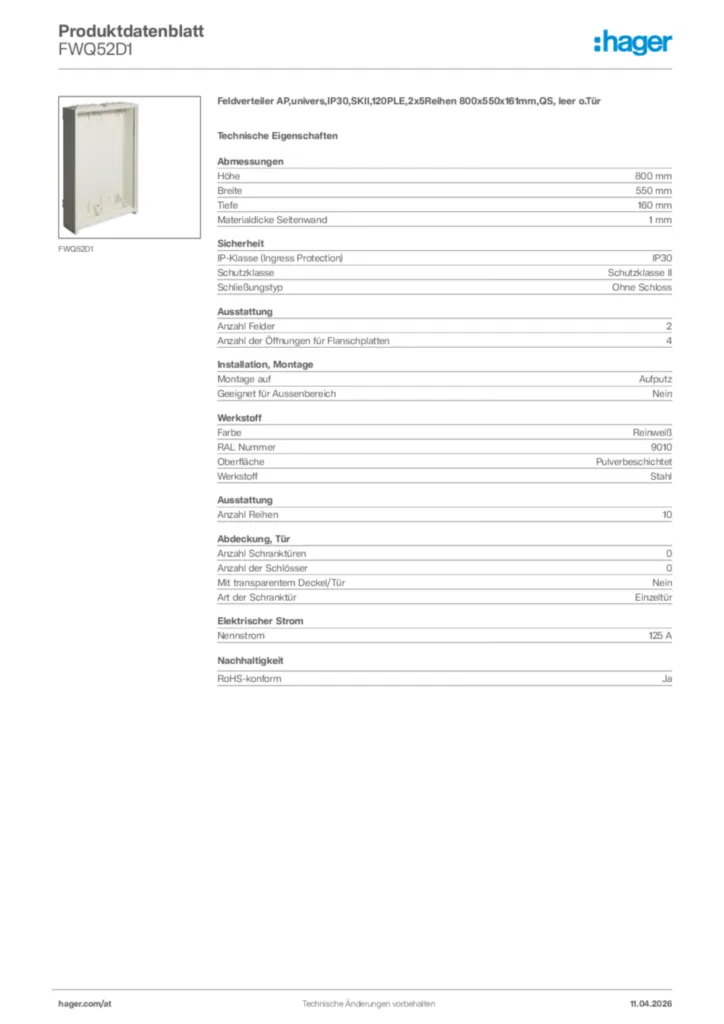 Bild Hager Produktdatenblatt FWQ52D1 | Hager Deutschland