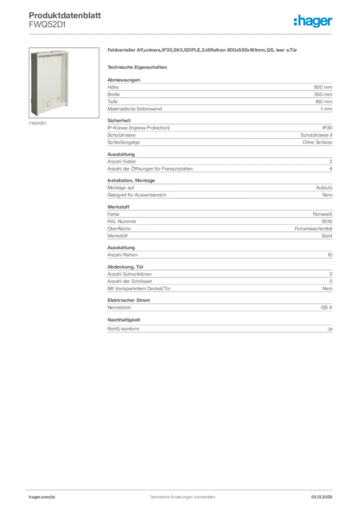 Bild Hager Produktdatenblatt FWQ52D1 | Hager Deutschland