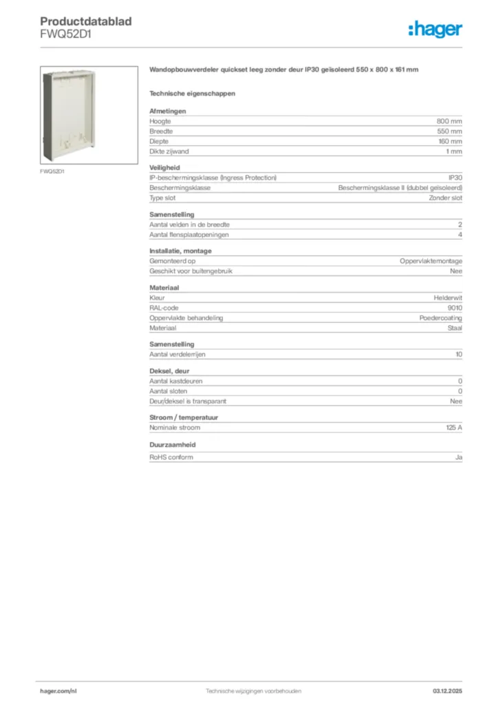 Afbeelding Hager Productdatablad FWQ52D1 | Hager Nederland