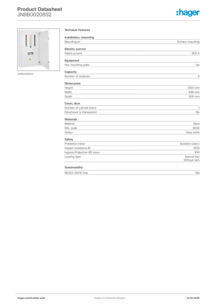 Image Hager Product data sheet JN8B00208S2  | Hager