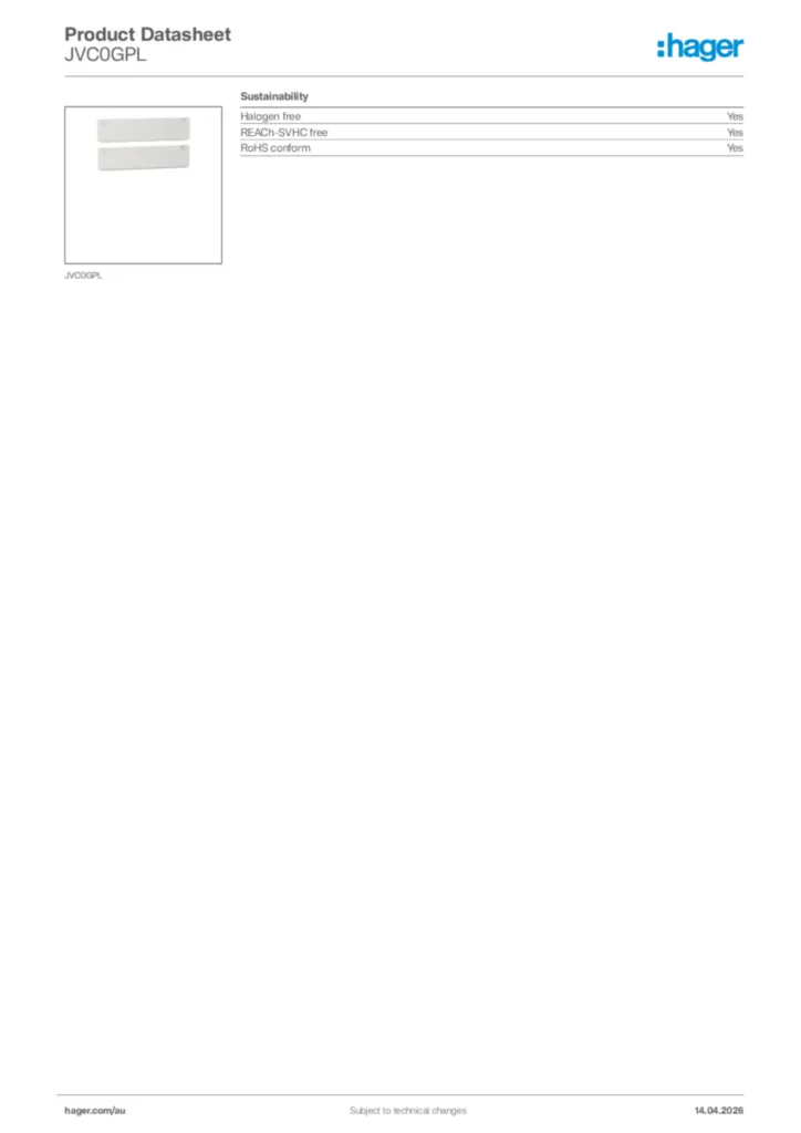 Image Hager Product data sheet JVC0GPL  | Hager Australia