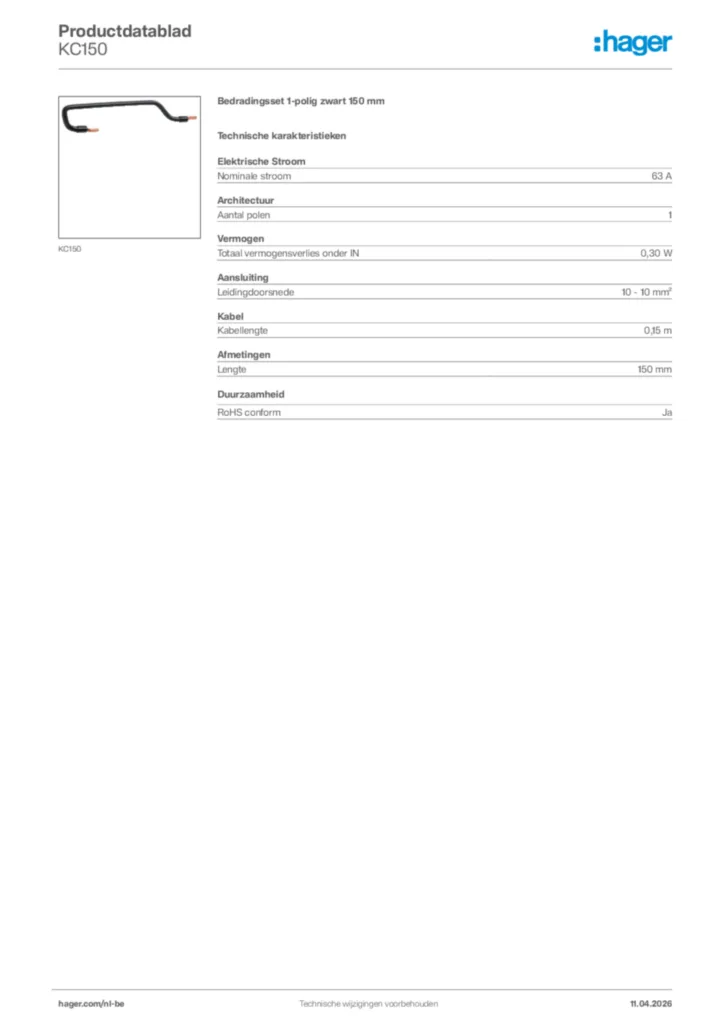 Afbeelding Hager Productdatablad KC150 | Hager Belgium