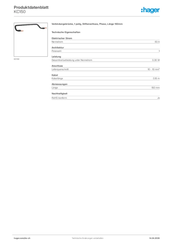 Bild Hager Produktdatenblatt KC150 | Hager Schweiz