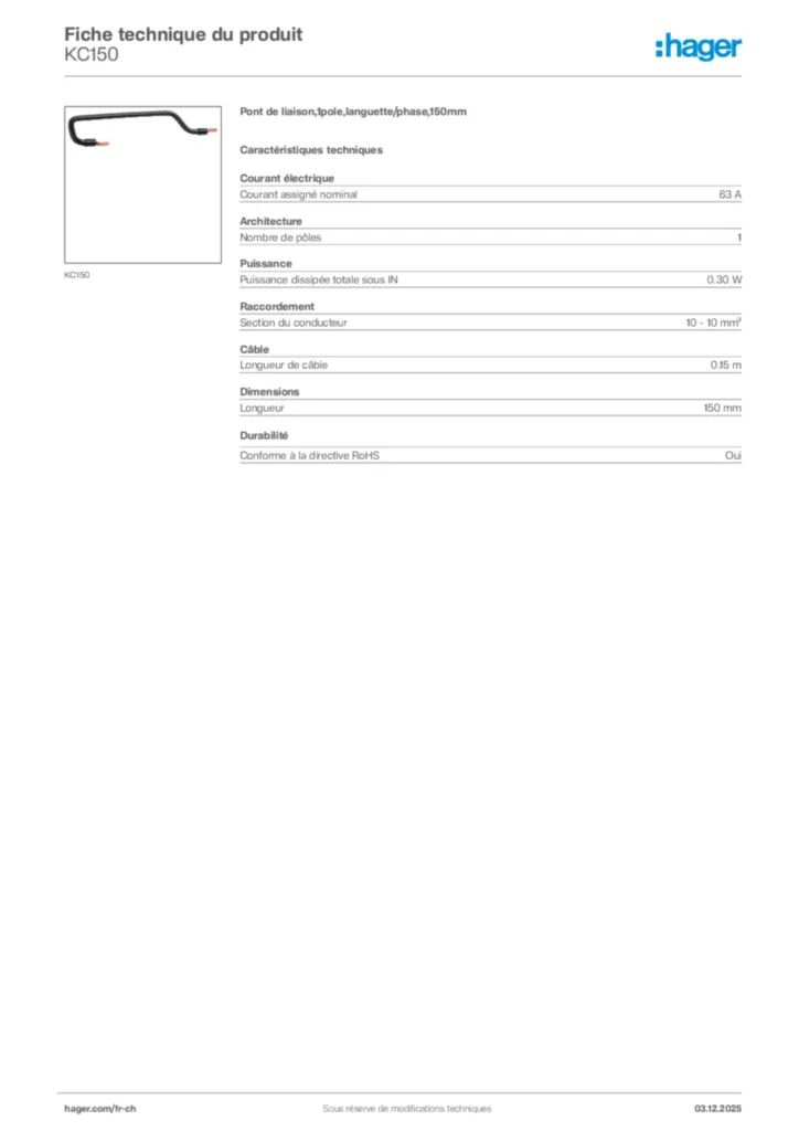 Image Hager Fiche technique du produit KC150 | Hager Suisse