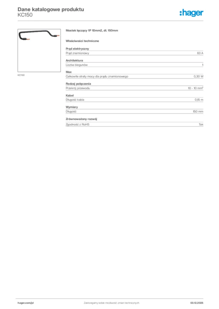 Zdjęcie Hager Karta katalogowa KC150 | Hager Polska