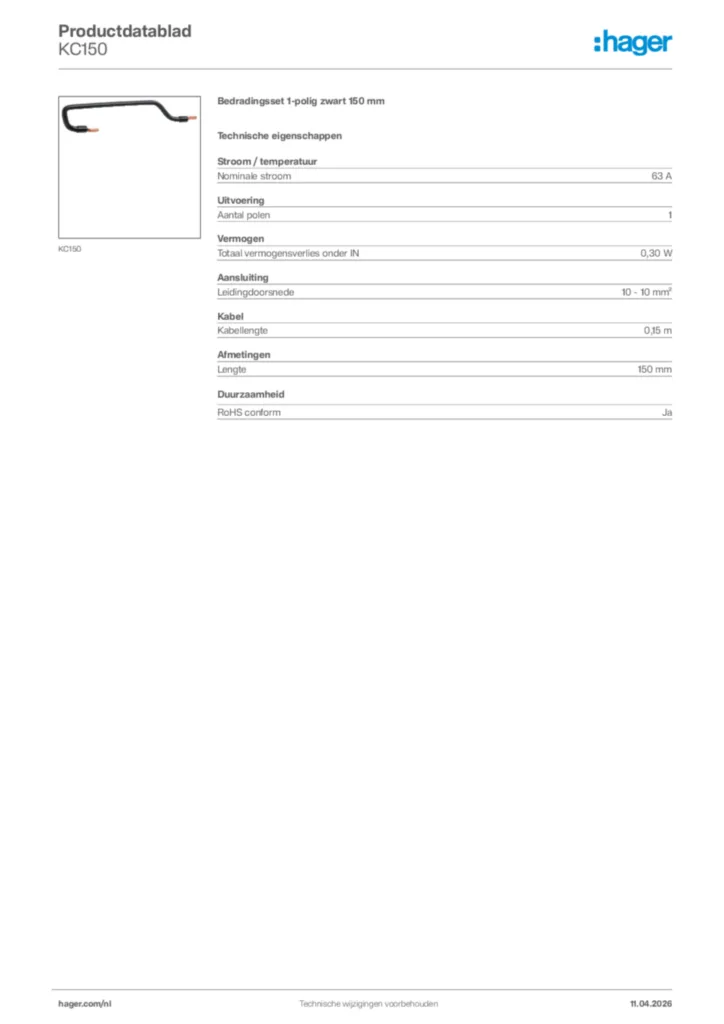Afbeelding Hager Productdatablad KC150 | Hager Nederland