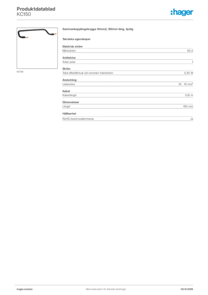 Bild Hager Produktdatablad KC150 | Hager Sverige