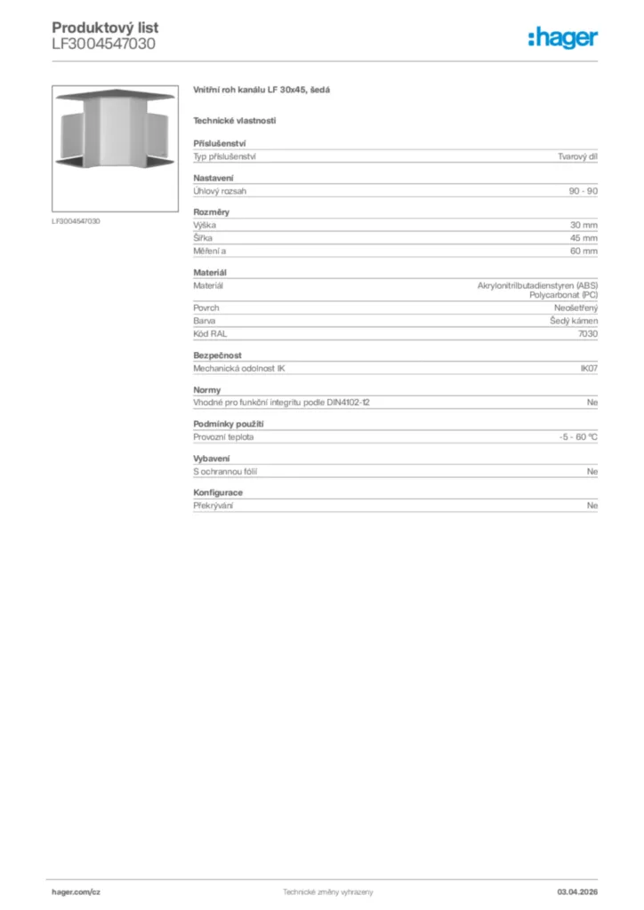 Obrázek Hager Product data sheet LF3004547030 | Hager