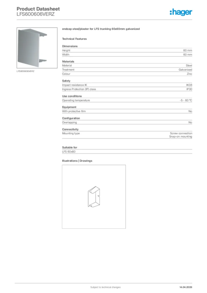 Image Hager Product data sheet LFS600606VERZ  | Hager Africa